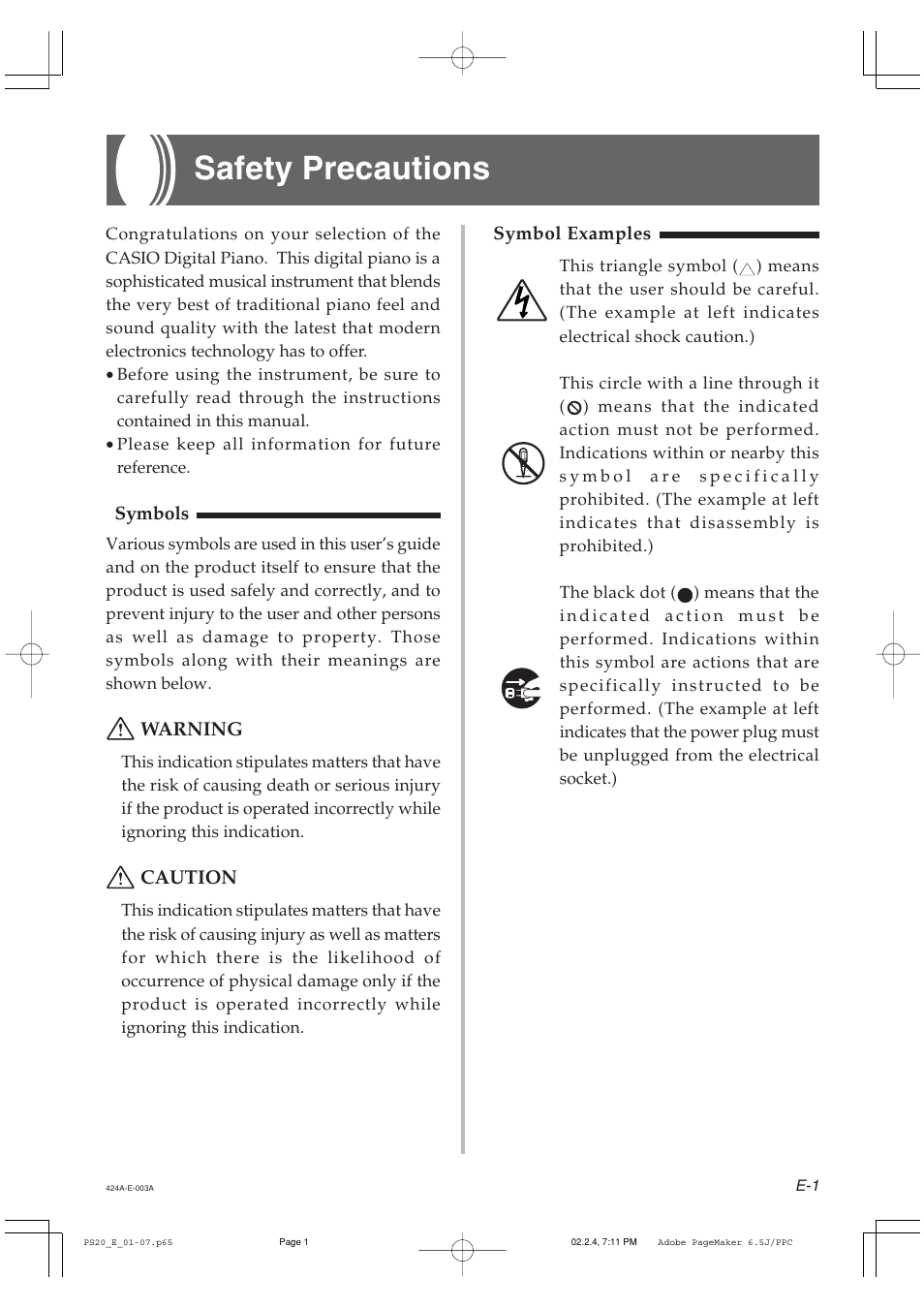 Safety precautions, Warning, Caution | Casio PS-20 User Manual | Page 3 / 40