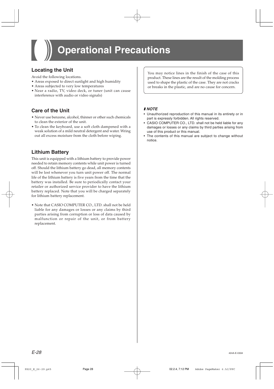 Operational precautions, Locating the unit, Care of the unit | Lithium battery | Casio PS-20 User Manual | Page 30 / 40