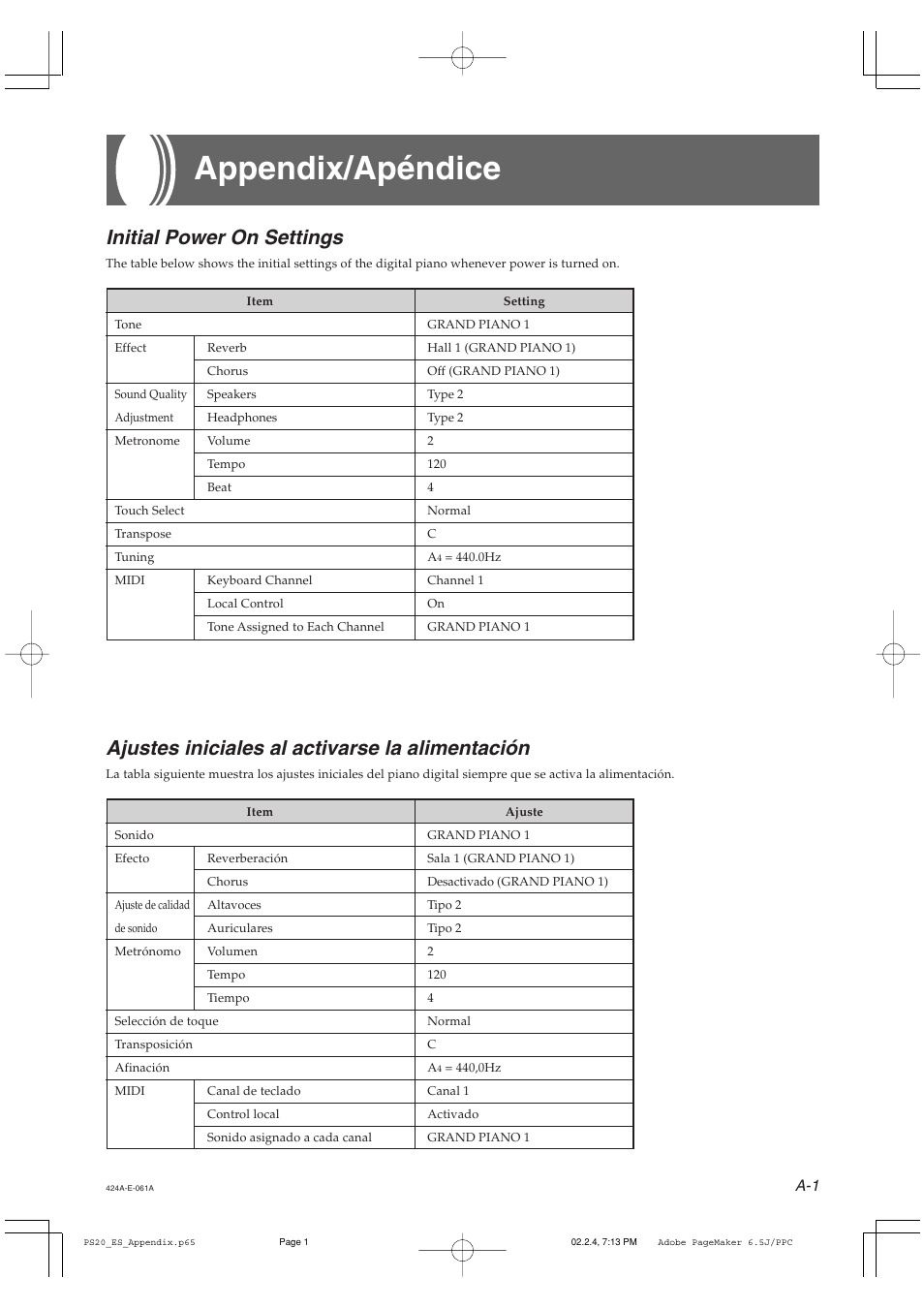 Appendix/apéndice, Initial power on settings, Ajustes iniciales al activarse la alimentación | Casio PS-20 User Manual | Page 32 / 40