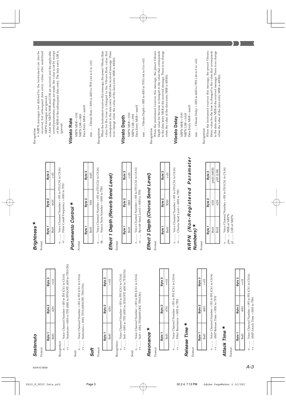 Soft, Resonance, Sostenuto | Release t ime, Attack t ime, Ef fect 3 depth (chorus send level), Ef fect 1 depth (reverb send level), Nrpn (non-registered parameter numbers), Portamento control, Brightness | Casio PS-20 User Manual | Page 34 / 40