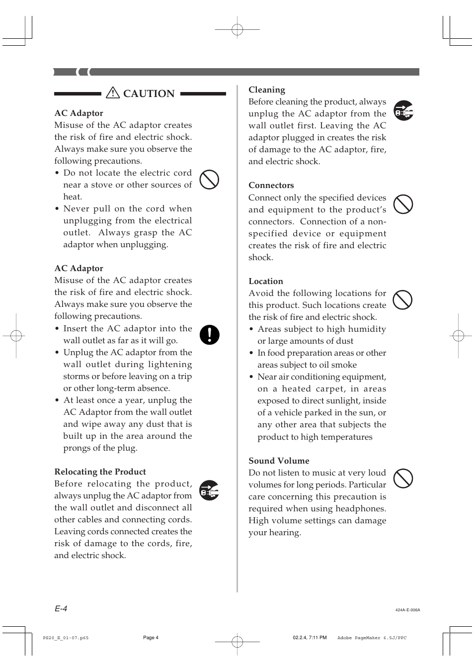 Caution | Casio PS-20 User Manual | Page 6 / 40