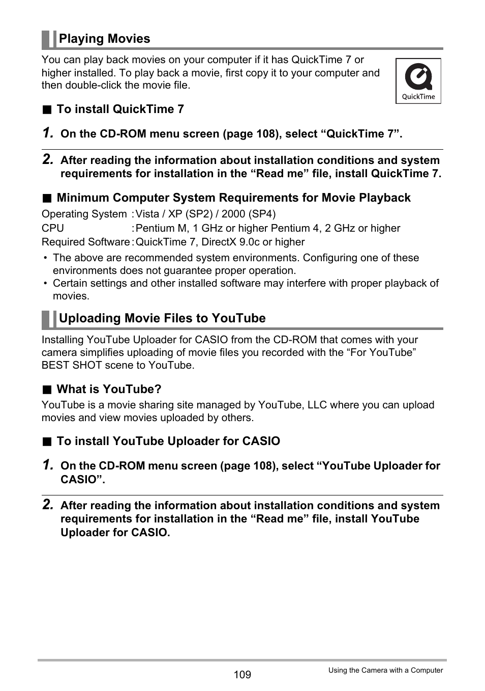 Playing movies, Uploading movie files to youtube | Casio EX-Z20 User Manual | Page 109 / 165