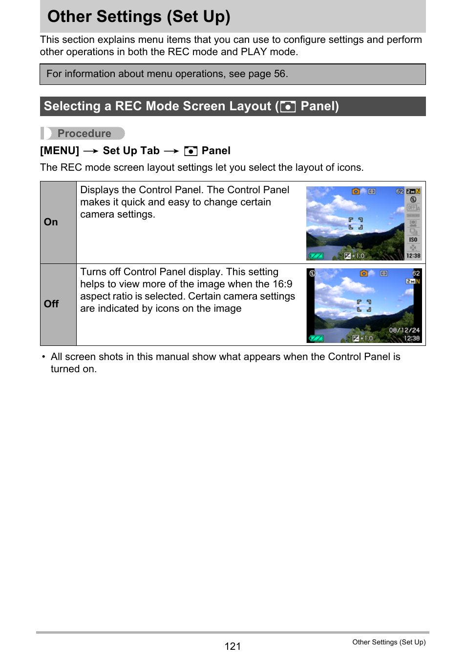 Other settings (set up), Selecting a rec mode screen layout (_ panel), Other settings | Set up) 121, Selecting a rec mode screen layout ( r panel) | Casio EX-Z20 User Manual | Page 121 / 165