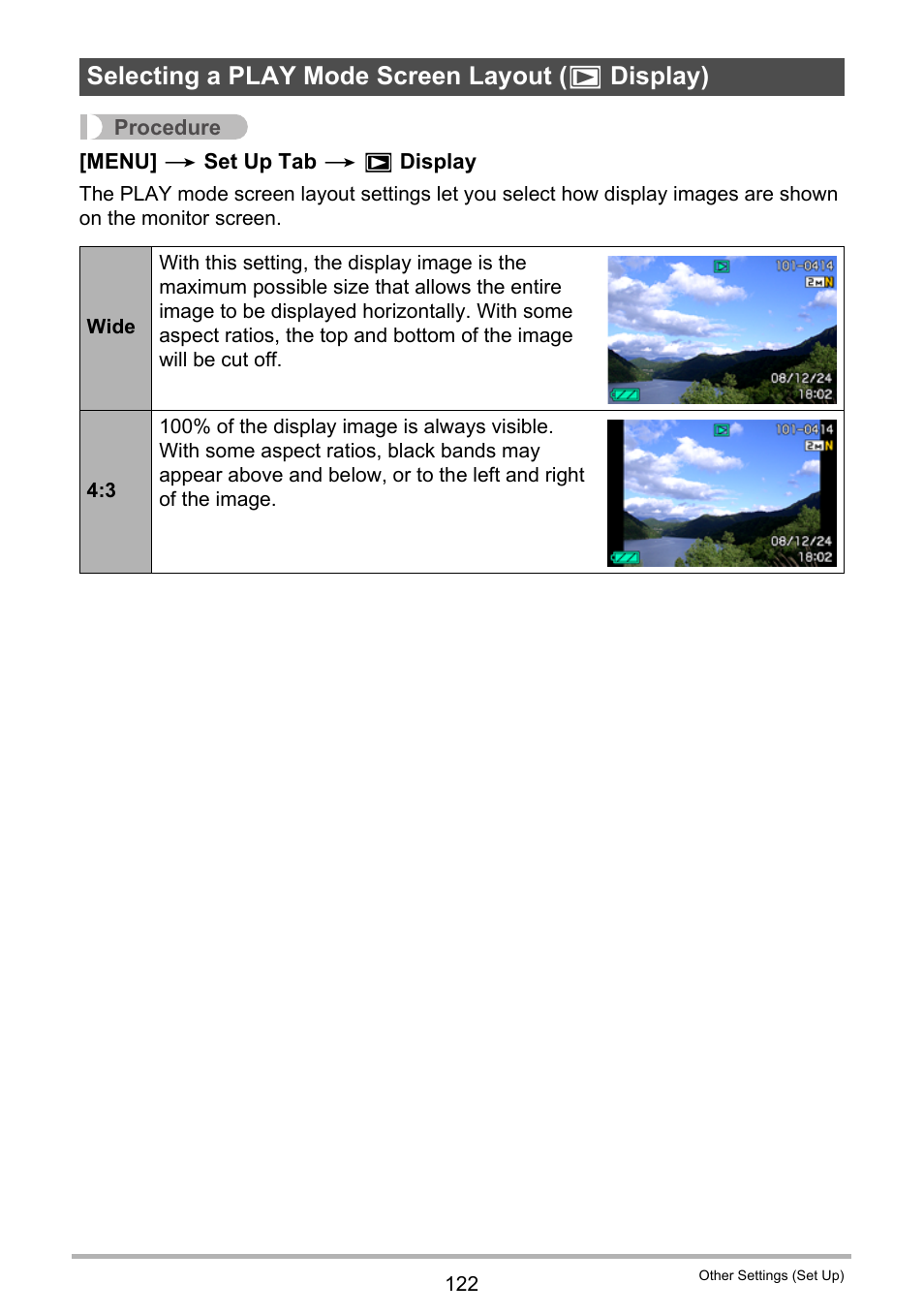 Selecting a play mode screen layout (> display), Selecting a play mode screen layout ( p display) | Casio EX-Z20 User Manual | Page 122 / 165