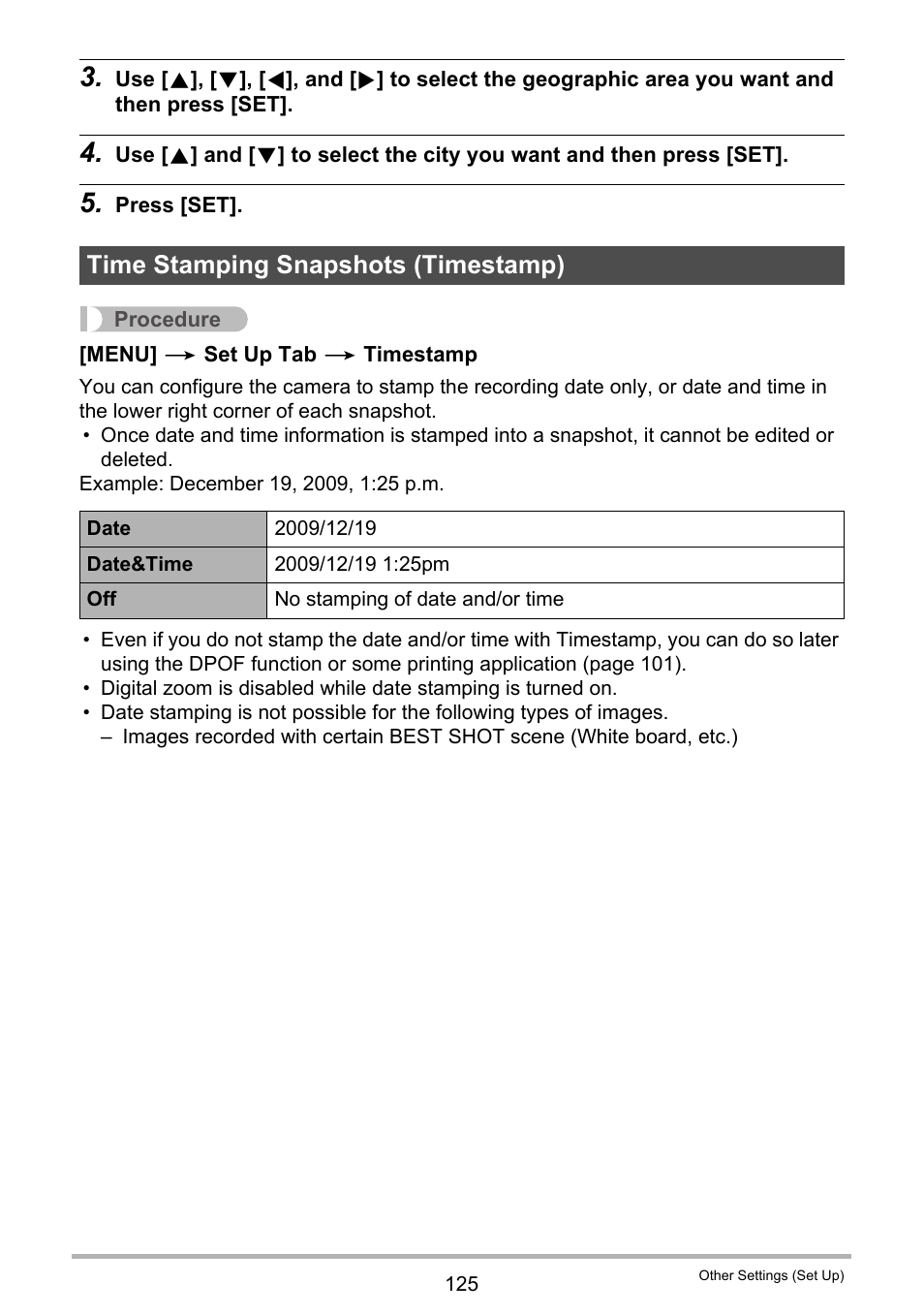 Time stamping snapshots (timestamp) | Casio EX-Z20 User Manual | Page 125 / 165
