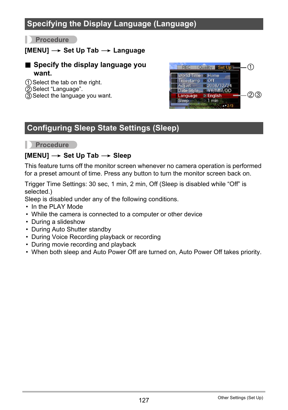 Specifying the display language (language), Configuring sleep state settings (sleep), Ge 127) | Casio EX-Z20 User Manual | Page 127 / 165