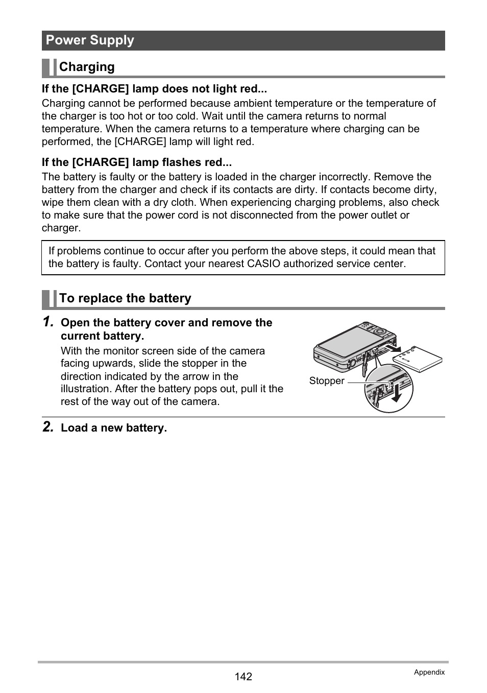 Power supply, Charging, To replace the battery | Age 142 | Casio EX-Z20 User Manual | Page 142 / 165