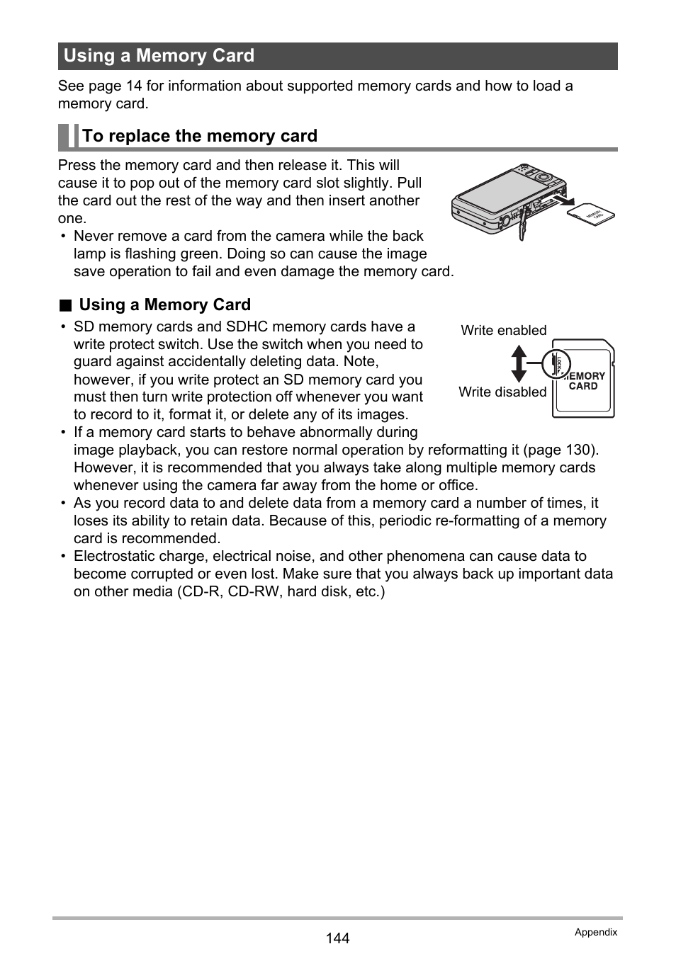 Using a memory card, To replace the memory card | Casio EX-Z20 User Manual | Page 144 / 165