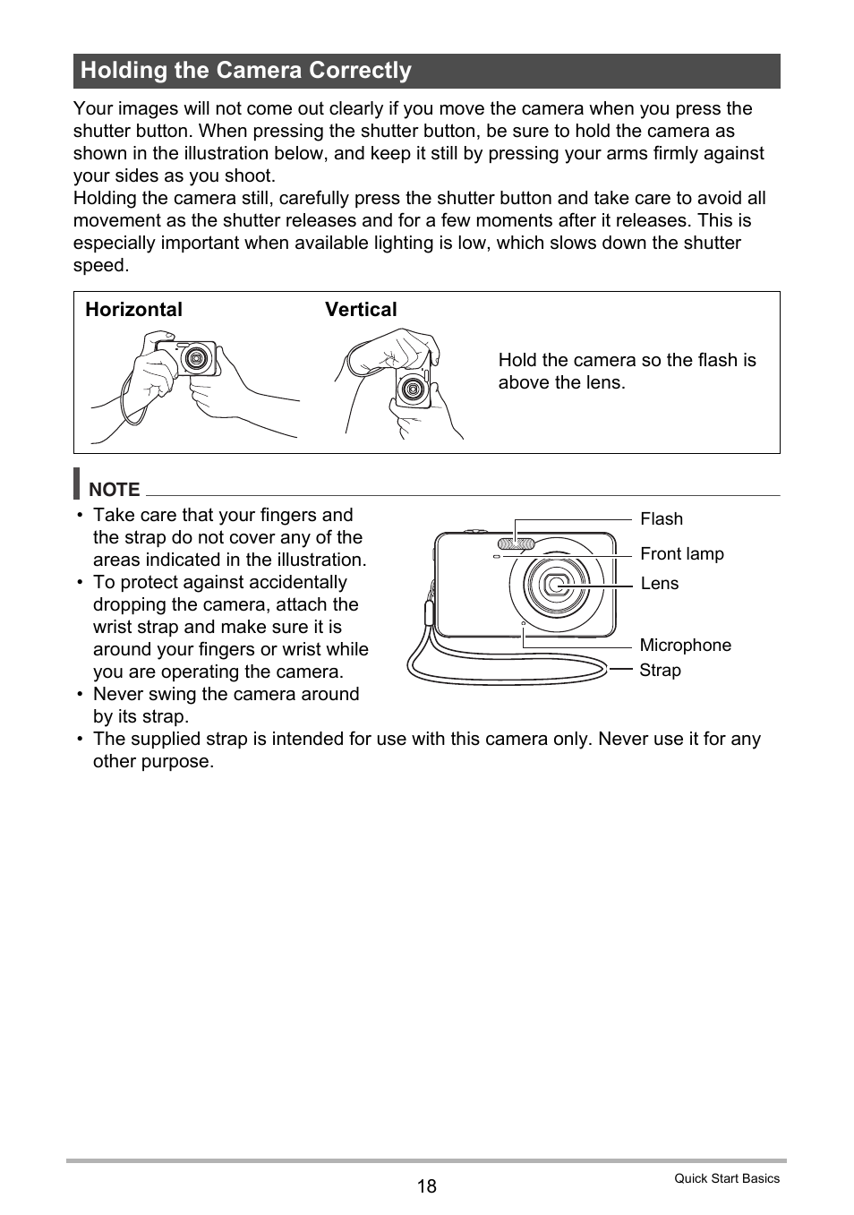 Holding the camera correctly | Casio EX-Z20 User Manual | Page 18 / 165