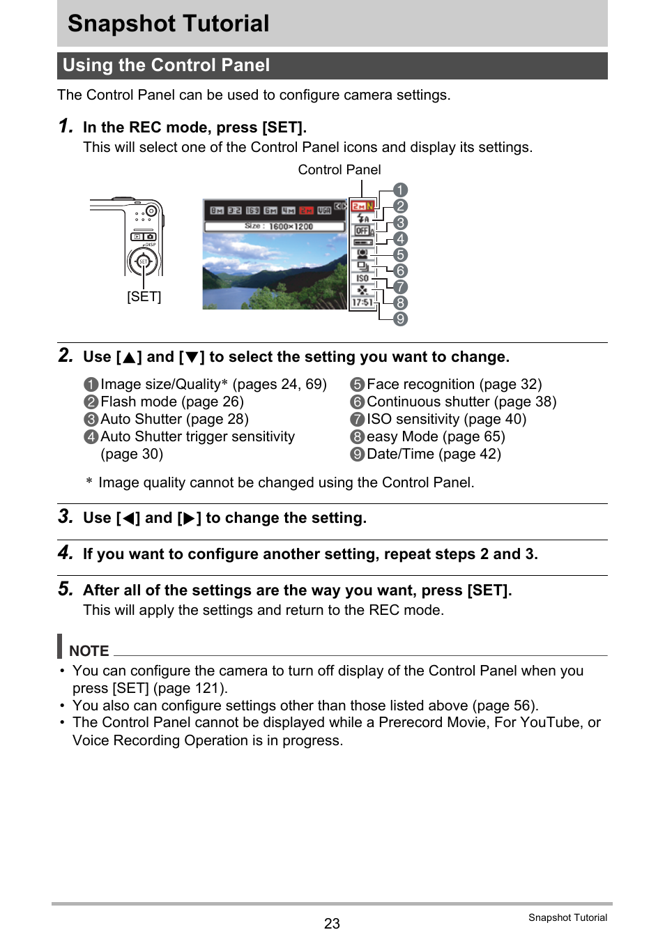 Snapshot tutorial, Using the control panel | Casio EX-Z20 User Manual | Page 23 / 165