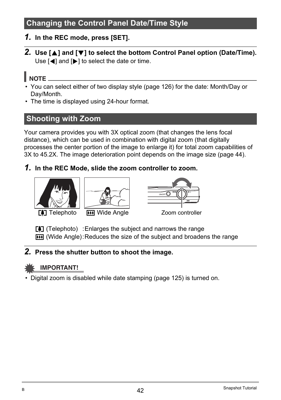 Changing the control panel date/time style, Shooting with zoom | Casio EX-Z20 User Manual | Page 42 / 165
