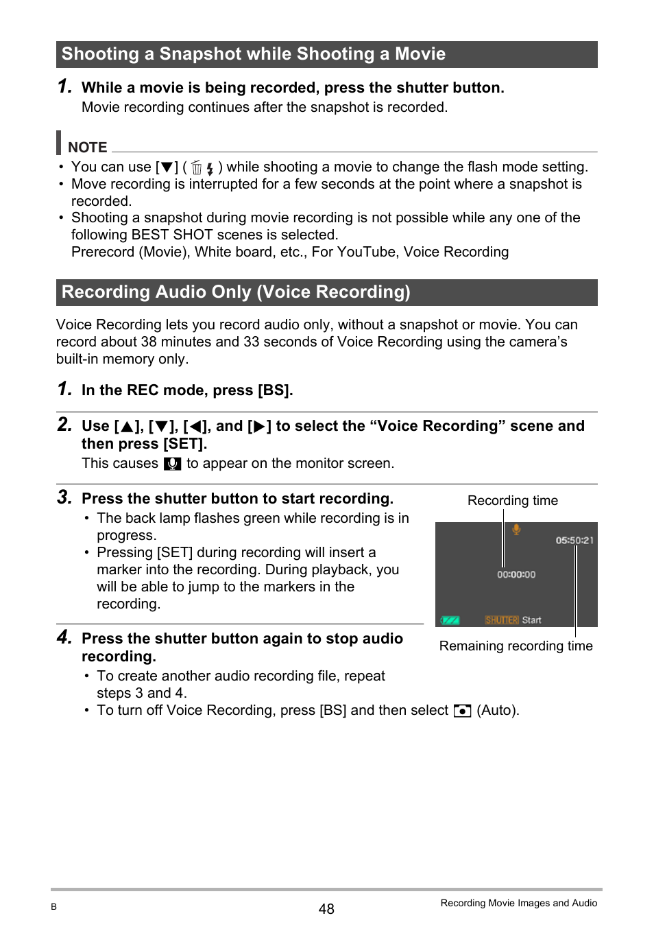 Shooting a snapshot while shooting a movie, Recording audio only (voice recording) | Casio EX-Z20 User Manual | Page 48 / 165