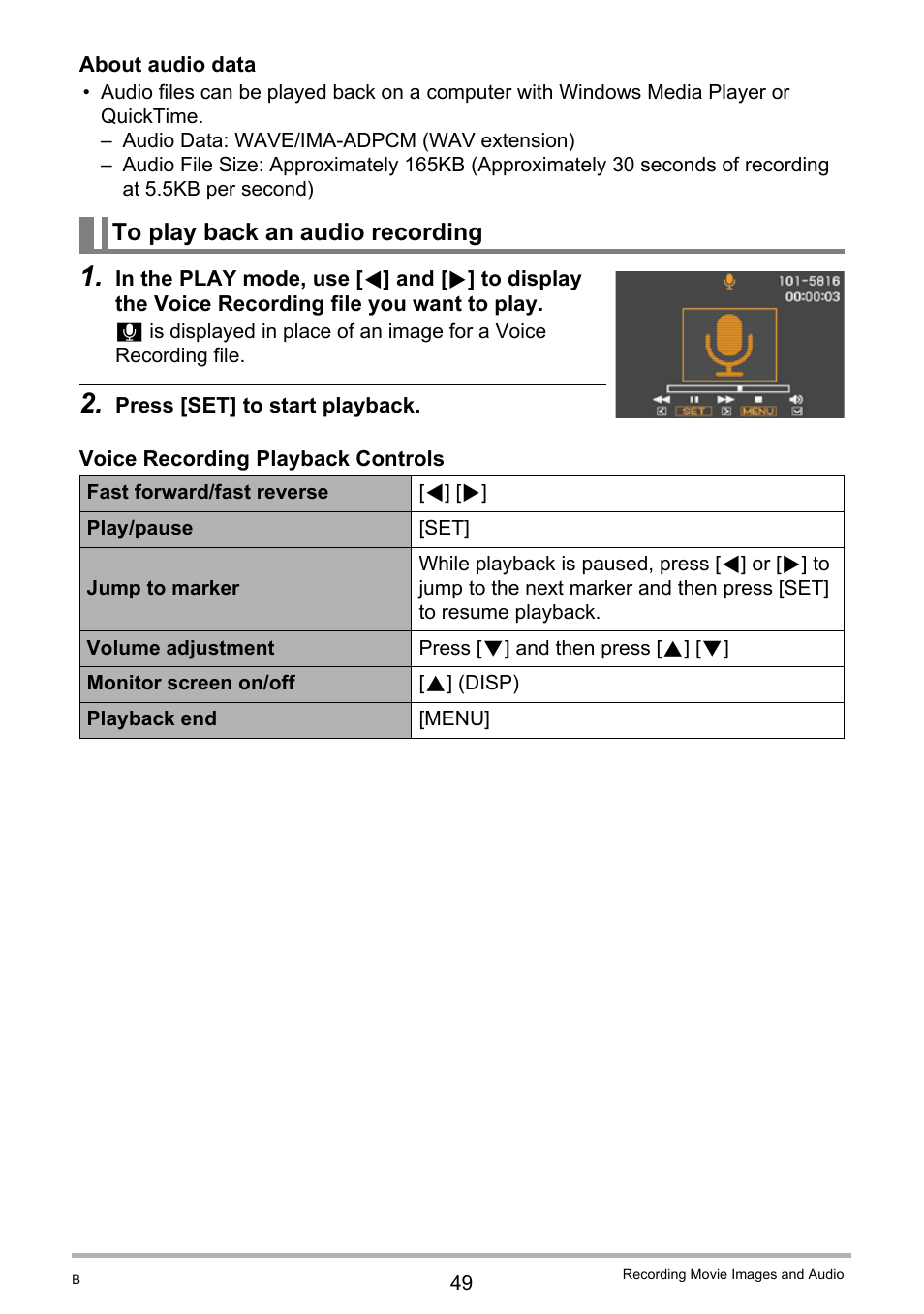 To play back an audio recording | Casio EX-Z20 User Manual | Page 49 / 165