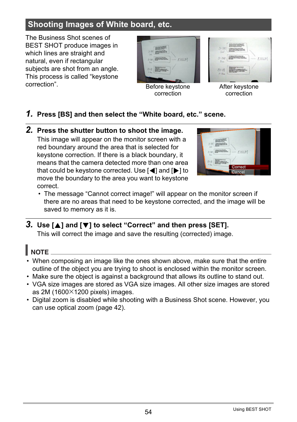 Shooting images of white board, etc | Casio EX-Z20 User Manual | Page 54 / 165