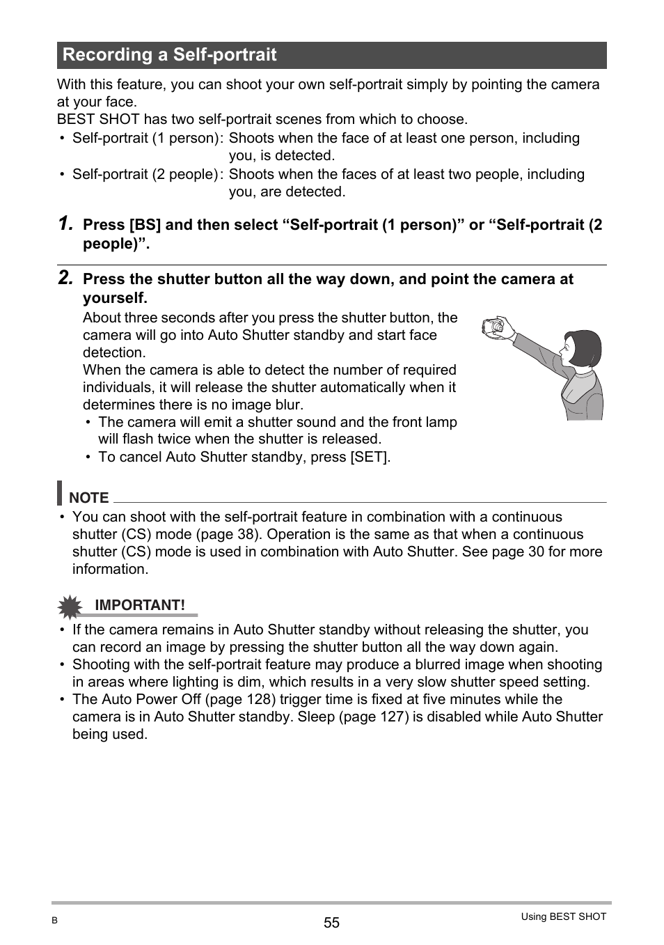 Recording a self-portrait | Casio EX-Z20 User Manual | Page 55 / 165