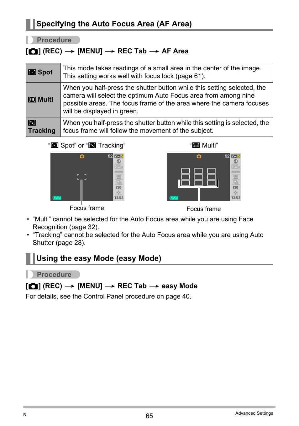 Specifying the auto focus area (af area), Using the easy mode (easy mode) | Casio EX-Z20 User Manual | Page 65 / 165