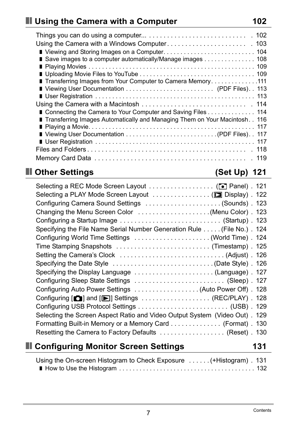 Using the camera with a computer 102, Other settings (set up) 121, Configuring monitor screen settings 131 | Casio EX-Z20 User Manual | Page 7 / 165