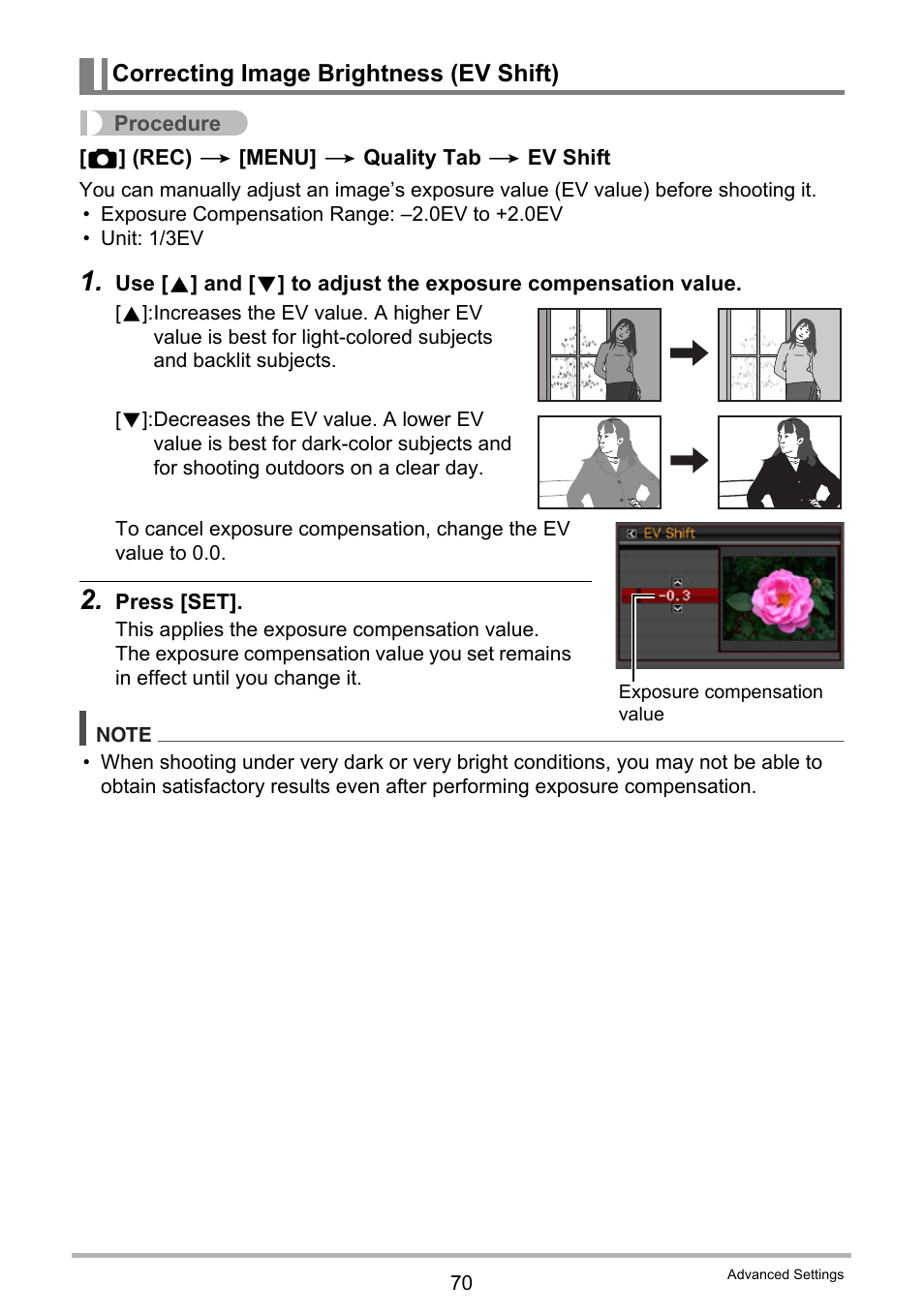 Correcting image brightness (ev shift) | Casio EX-Z20 User Manual | Page 70 / 165