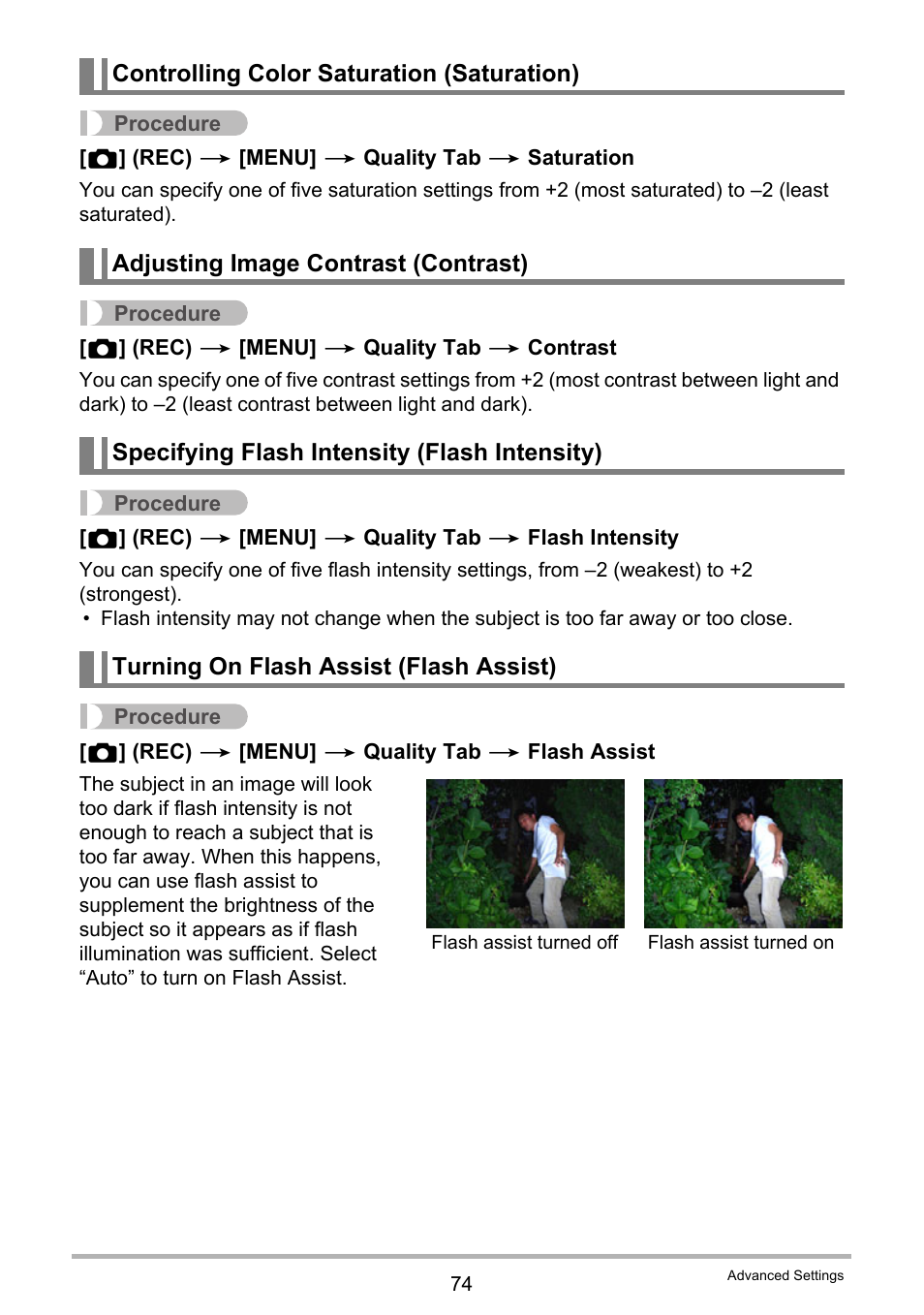 Controlling color saturation (saturation), Adjusting image contrast (contrast), Specifying flash intensity (flash intensity) | Turning on flash assist (flash assist) | Casio EX-Z20 User Manual | Page 74 / 165