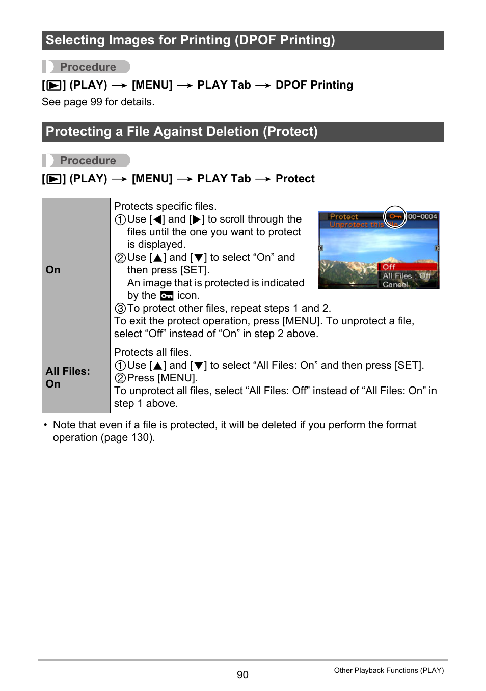 Selecting images for printing (dpof printing), Protecting a file against deletion (protect) | Casio EX-Z20 User Manual | Page 90 / 165