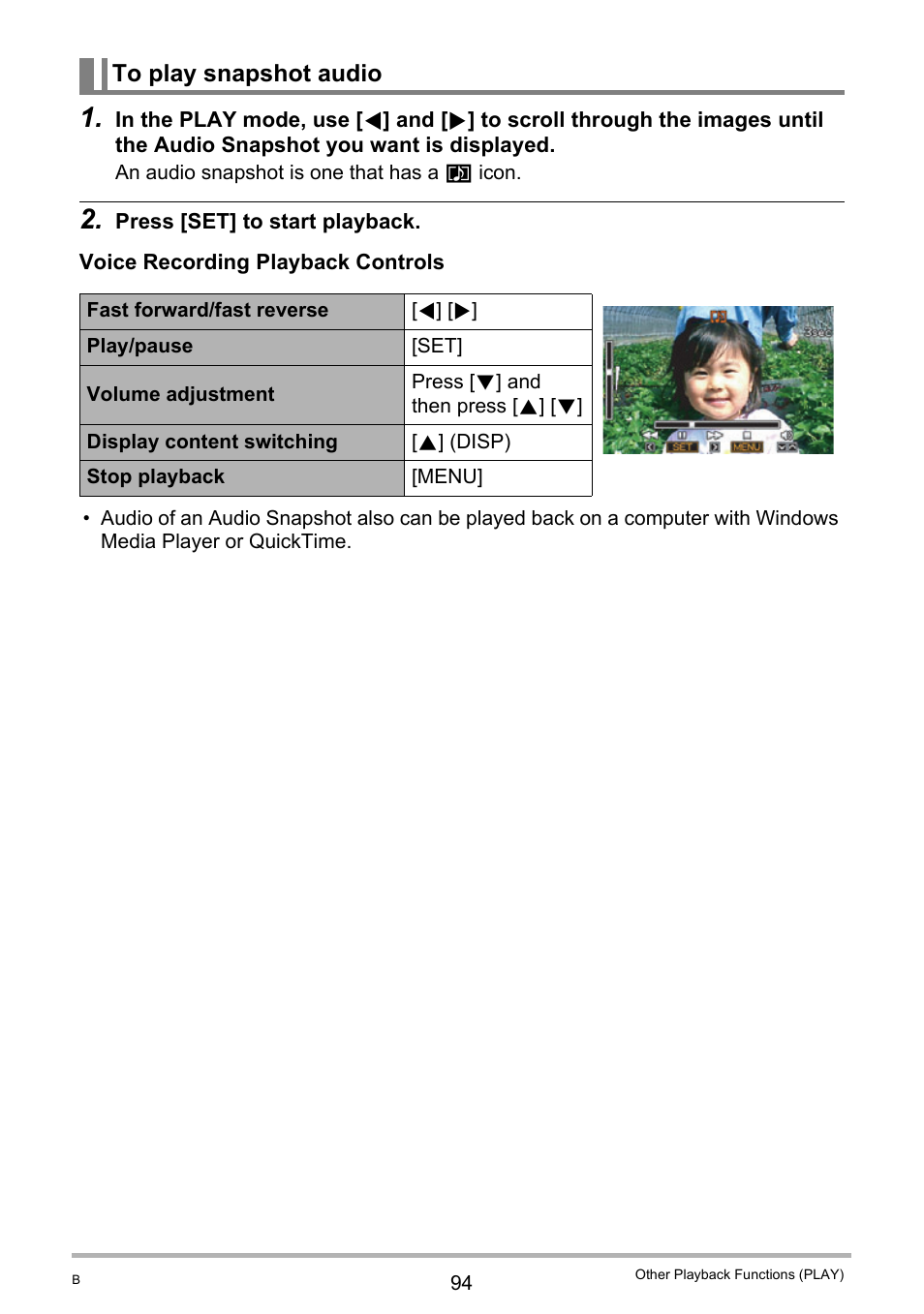 To play snapshot audio | Casio EX-Z20 User Manual | Page 94 / 165