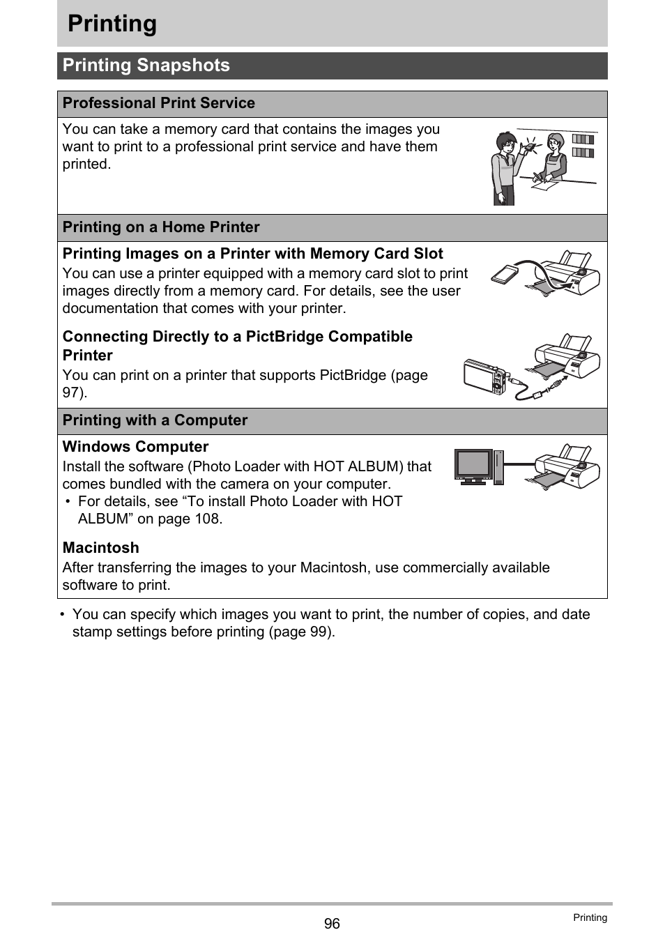 Printing, Printing snapshots | Casio EX-Z20 User Manual | Page 96 / 165