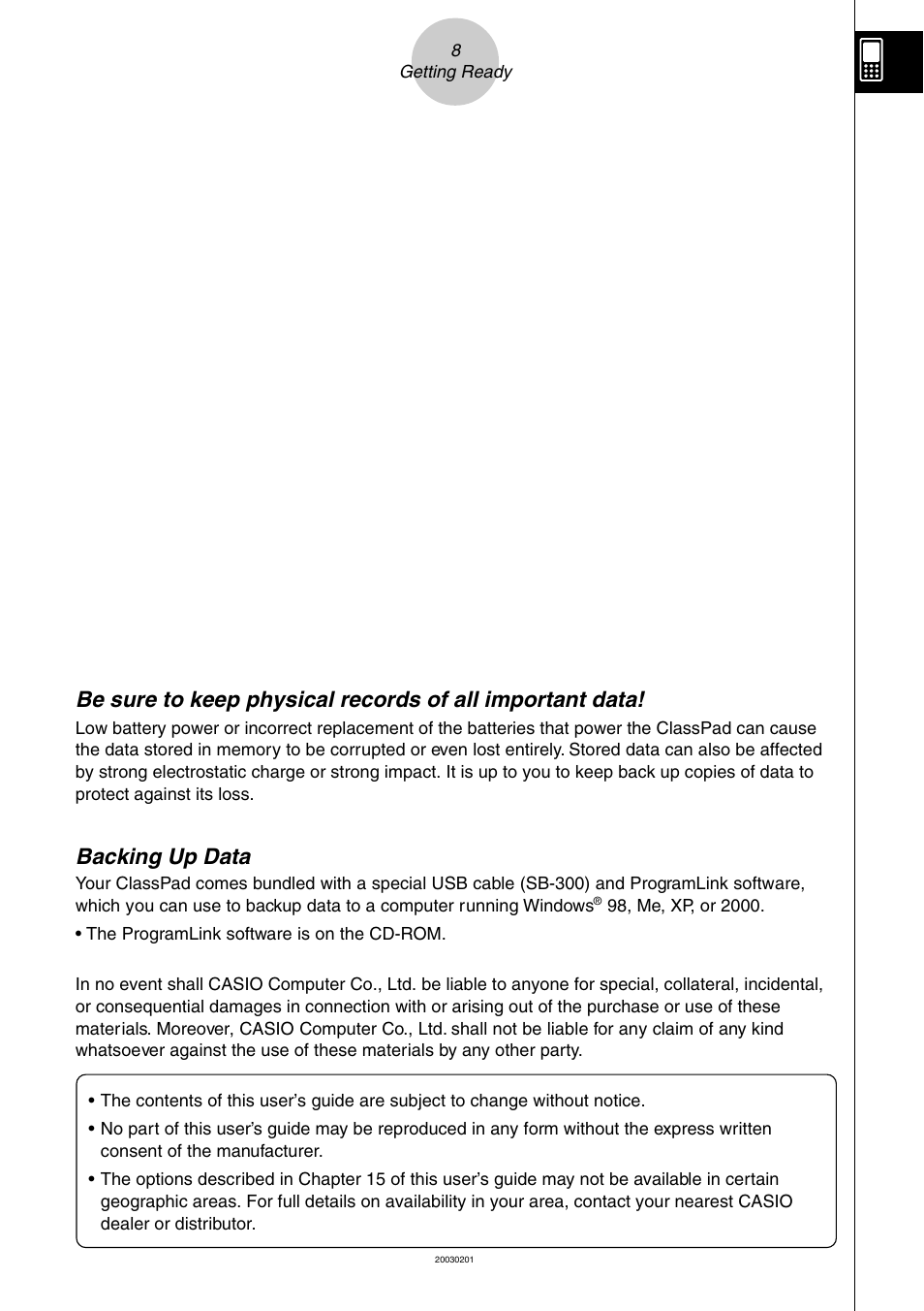 Backing up data | Casio ClassPad 300 User Manual | Page 10 / 670