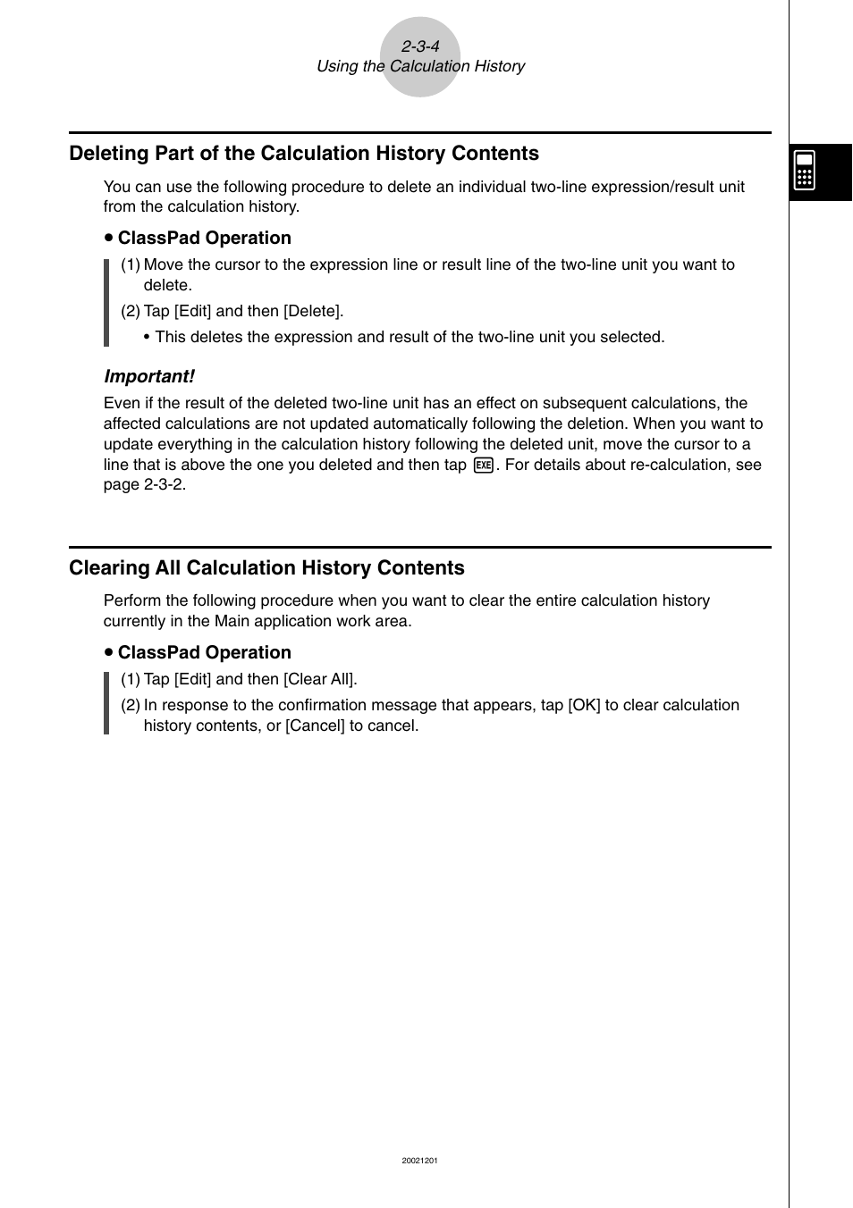 Deleting part of the calculation history contents, Clearing all calculation history contents | Casio ClassPad 300 User Manual | Page 107 / 670