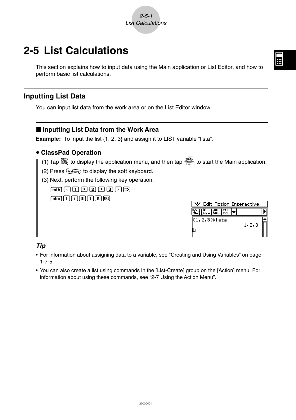 5 list calculations, 5 list calculations -5-1, Inputting list data -5-1 | List calculations, Inputting list data | Casio ClassPad 300 User Manual | Page 120 / 670