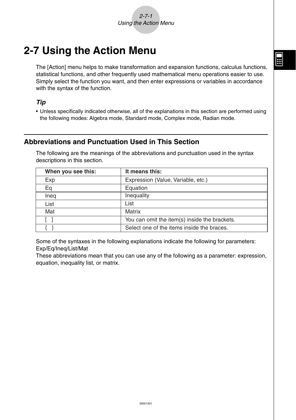 7 using the action menu, 7 using the action menu -7-1, Using the action menu | Casio ClassPad 300 User Manual | Page 129 / 670