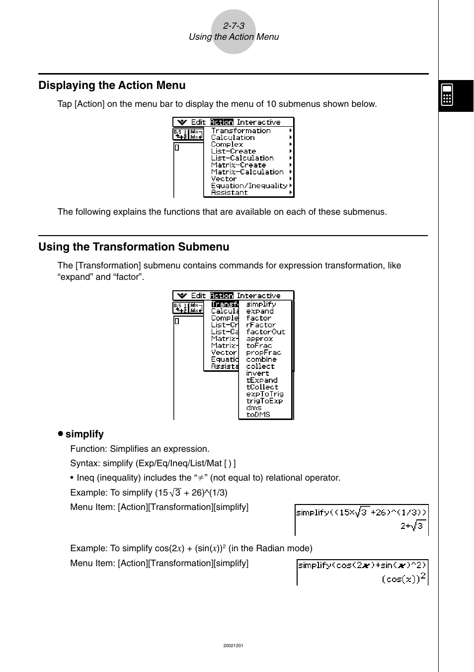 Displaying the action menu, Using the transformation submenu | Casio ClassPad 300 User Manual | Page 131 / 670