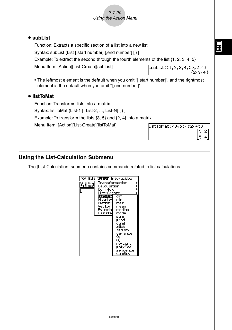 Using the list-calculation submenu -7-20, Using the list-calculation submenu | Casio ClassPad 300 User Manual | Page 148 / 670