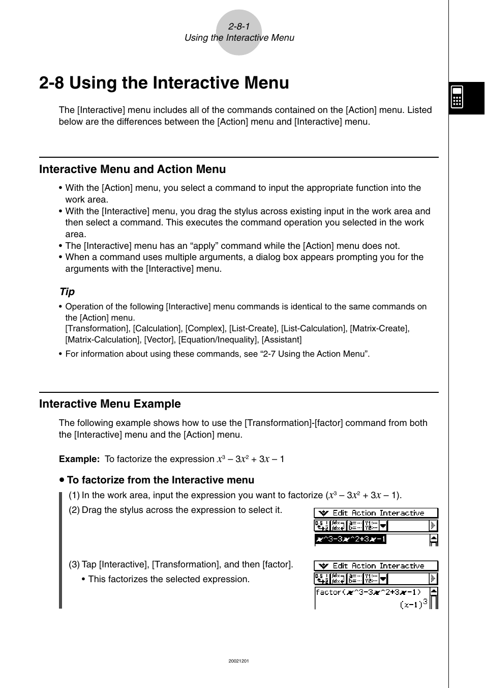 8 using the interactive menu, 8 using the interactive menu -8-1, Using the interactive menu | Interactive menu and action menu, Interactive menu example | Casio ClassPad 300 User Manual | Page 173 / 670