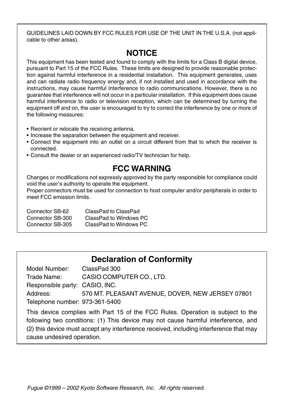 Notice, Fcc warning, Declaration of conformity | Casio ClassPad 300 User Manual | Page 2 / 670