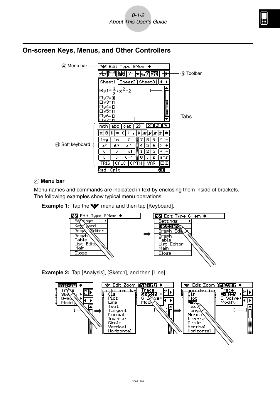 On-screen keys, menus, and other controllers -1-2, On-screen keys, menus, and other controllers | Casio ClassPad 300 User Manual | Page 24 / 670