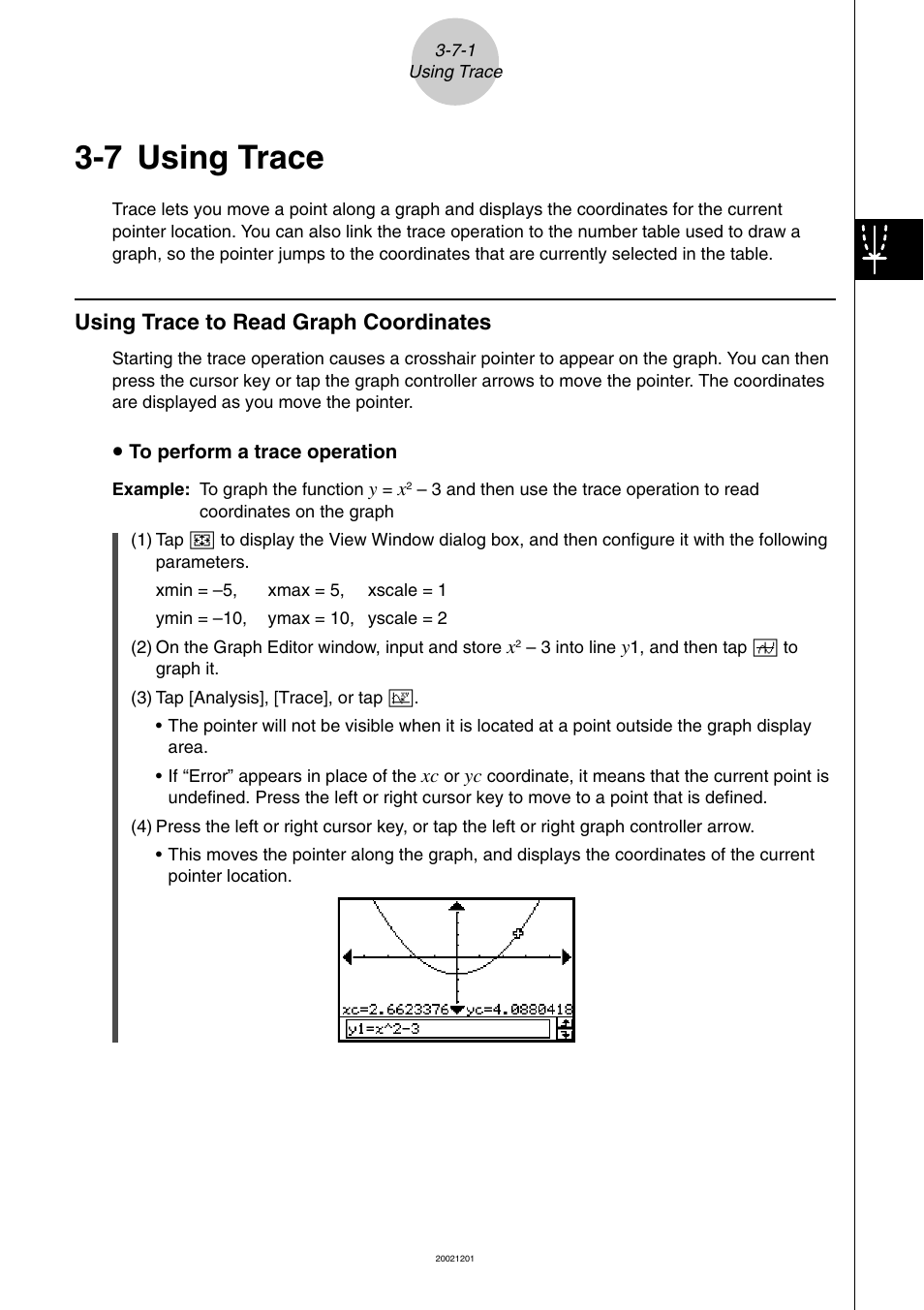 7 using trace, 7 using trace -7-1, Using trace to read graph coordinates -7-1 | Using trace, Using trace to read graph coordinates | Casio ClassPad 300 User Manual | Page 248 / 670