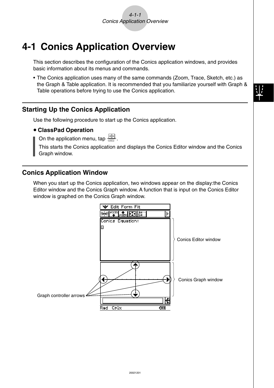 1 conics application overview, 1 conics application overview -1-1, Conics application overview | Conics application window, Starting up the conics application | Casio ClassPad 300 User Manual | Page 263 / 670