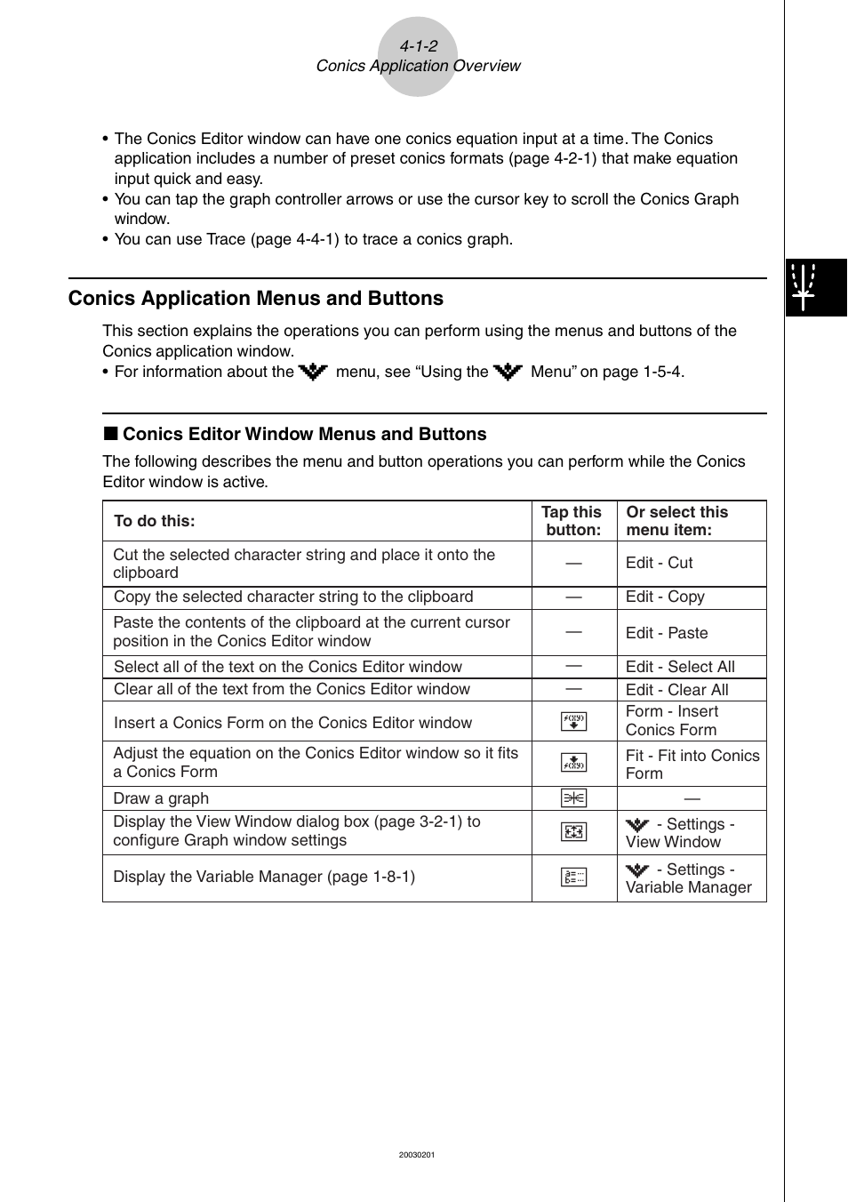 Conics application menus and buttons -1-2, Conics application menus and buttons | Casio ClassPad 300 User Manual | Page 264 / 670