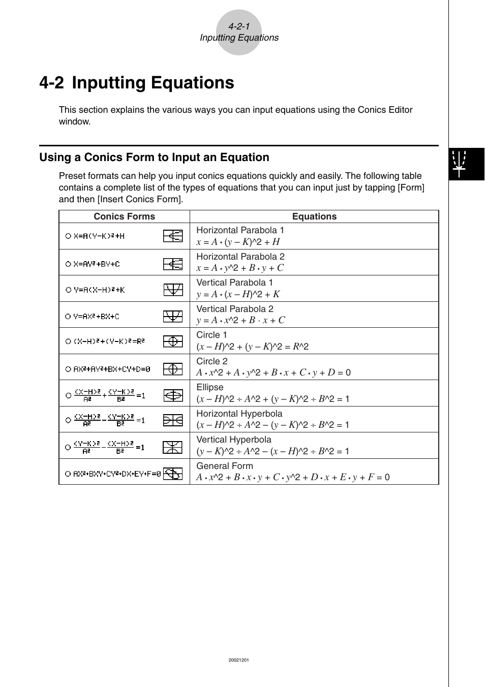 2 inputting equations, 2 inputting equations -2-1, Using a conics form to input an equation -2-1 | Inputting equations | Casio ClassPad 300 User Manual | Page 267 / 670