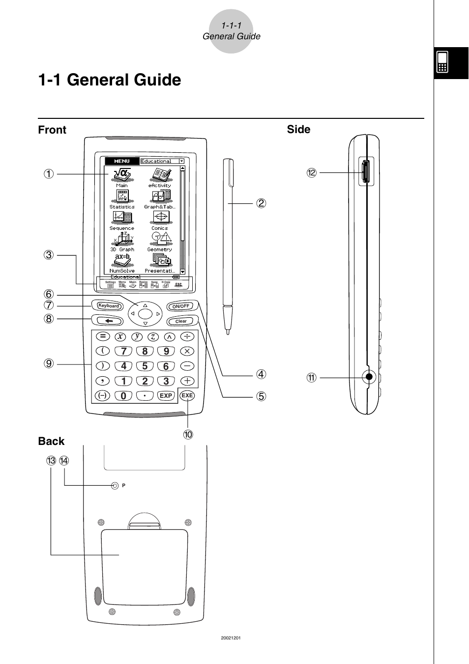 1 general guide, 1 general guide -1-1, General guide | Front, Side back | Casio ClassPad 300 User Manual | Page 27 / 670