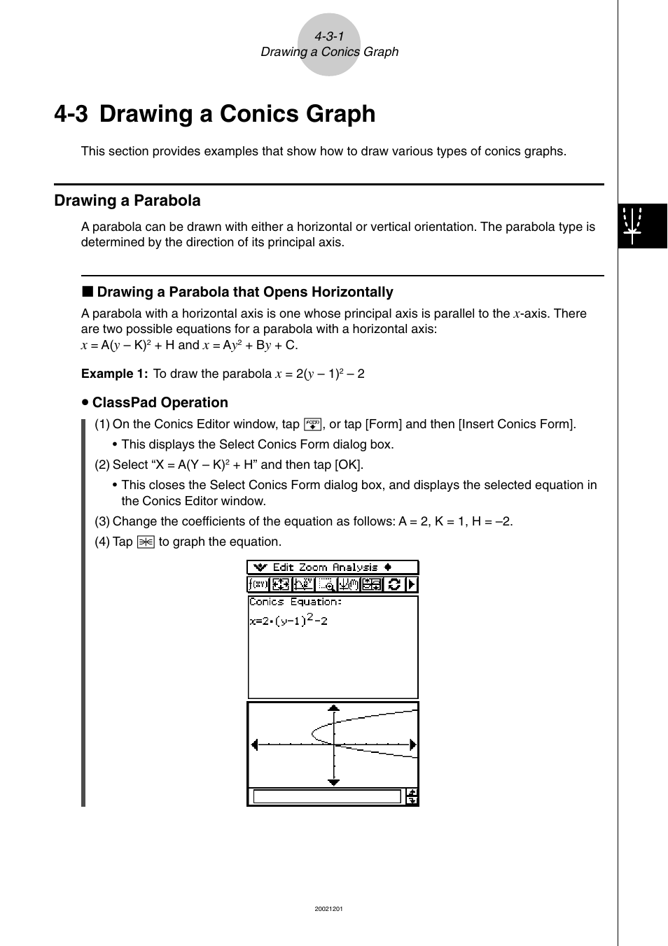 3 drawing a conics graph, 3 drawing a conics graph -3-1, Drawing a parabola -3-1 | Drawing a conics graph, Drawing a parabola | Casio ClassPad 300 User Manual | Page 270 / 670