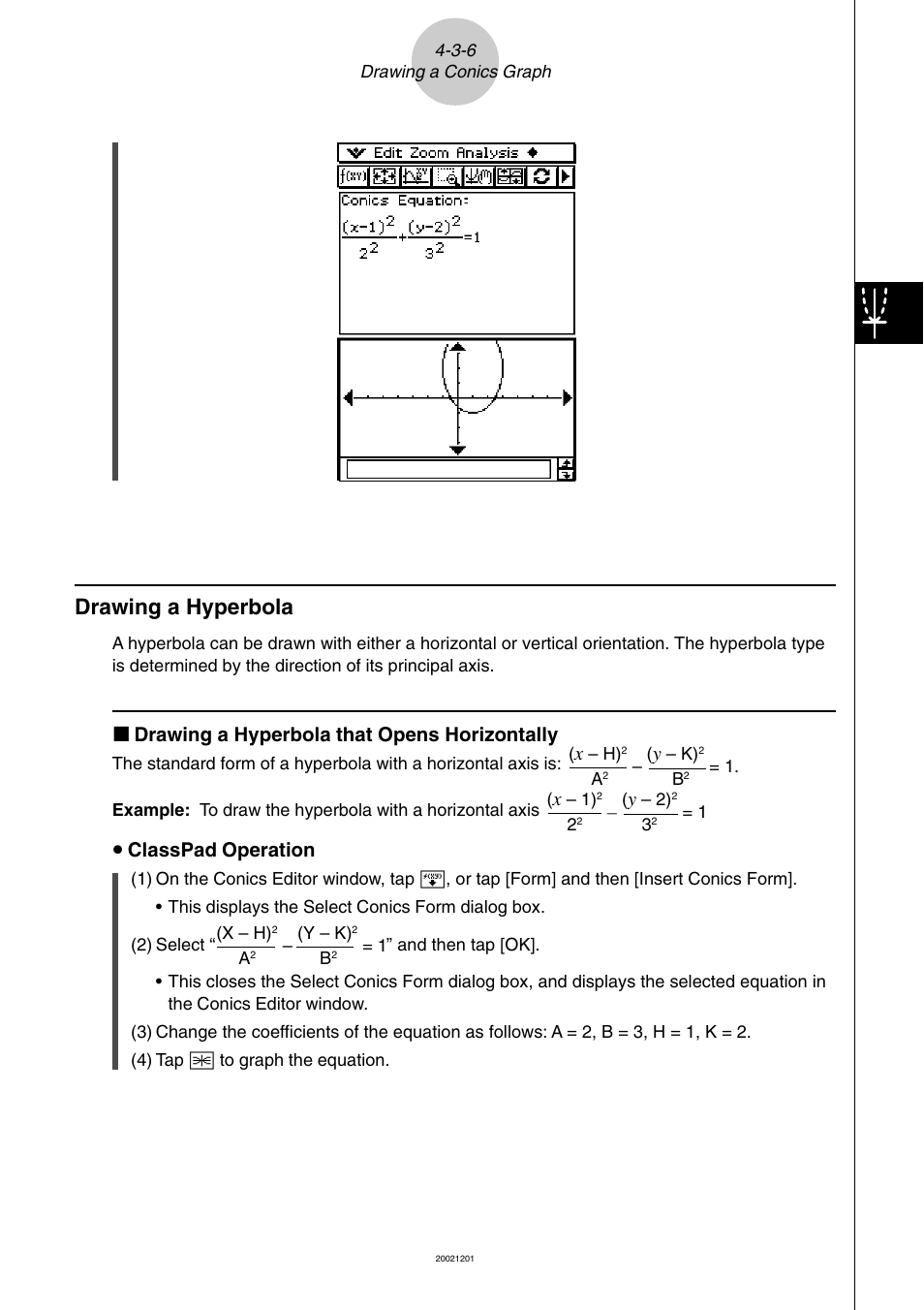 Drawing a hyperbola -3-6, Drawing a hyperbola, K drawing a hyperbola that opens horizontally | U classpad operation | Casio ClassPad 300 User Manual | Page 275 / 670