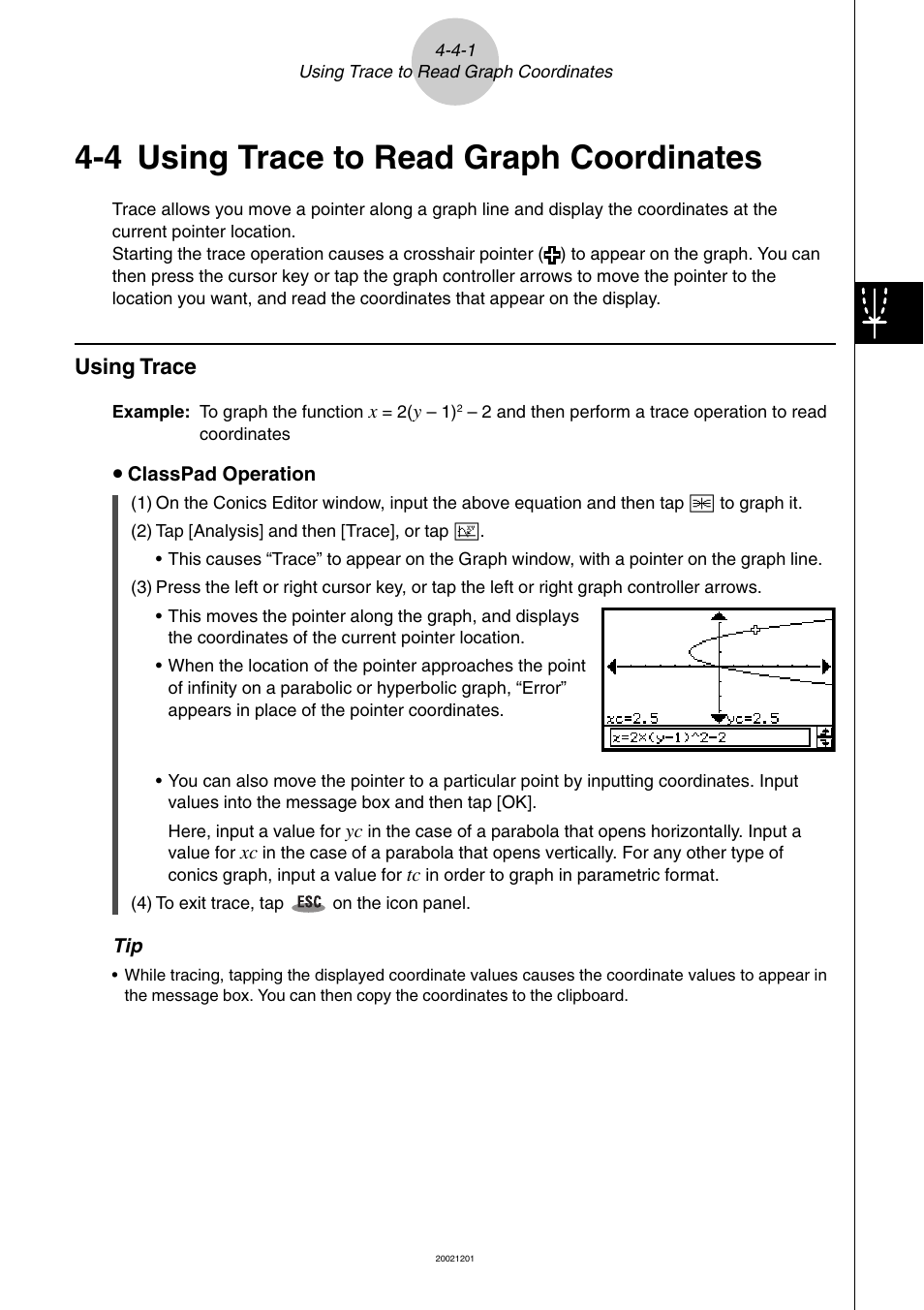 4 using trace to read graph coordinates, 4 using trace to read graph coordinates -4-1, Using trace -4-1 | Using trace to read graph coordinates, Using trace | Casio ClassPad 300 User Manual | Page 278 / 670