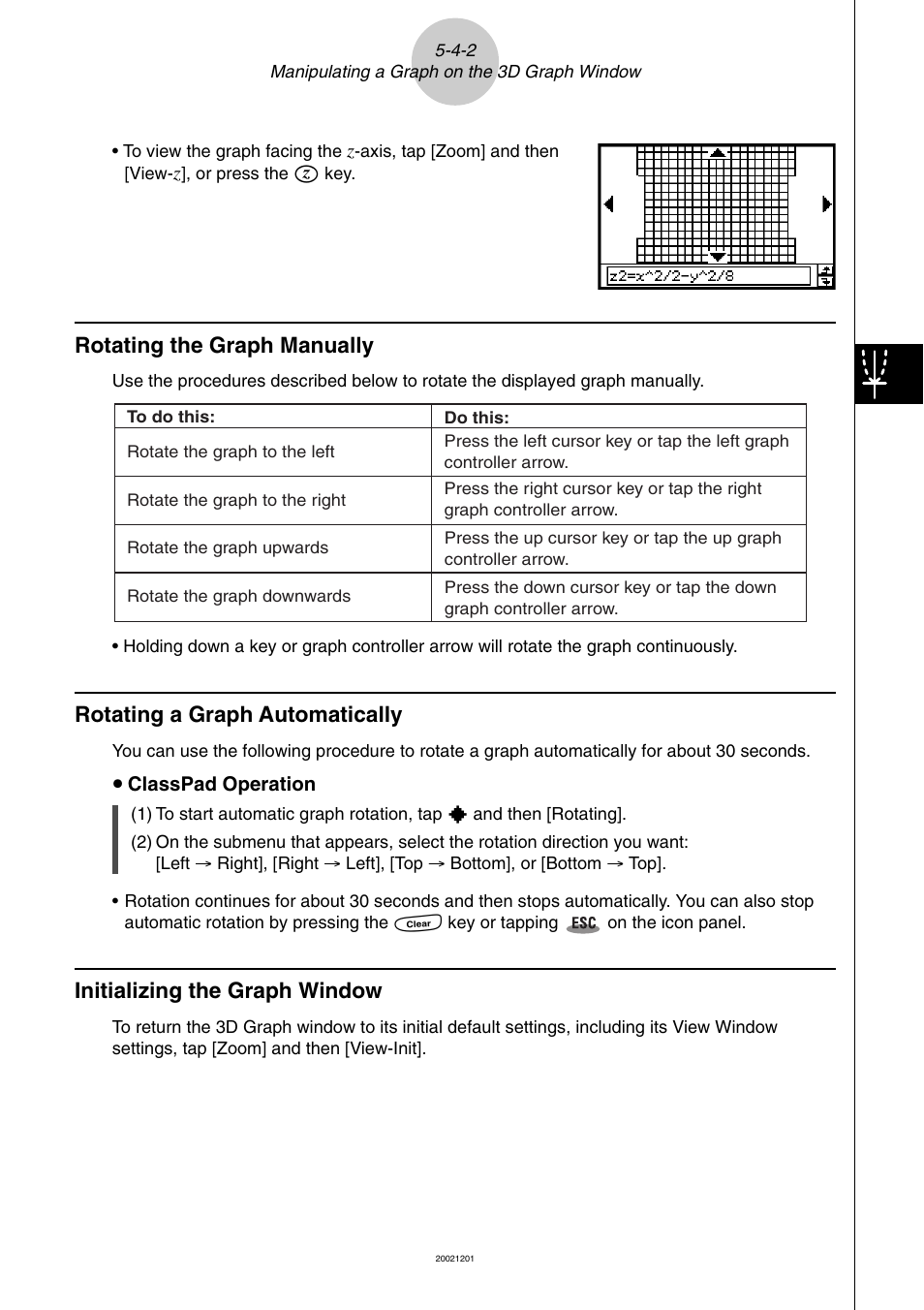 Rotating the graph manually, Rotating a graph automatically, Initializing the graph window | Casio ClassPad 300 User Manual | Page 296 / 670