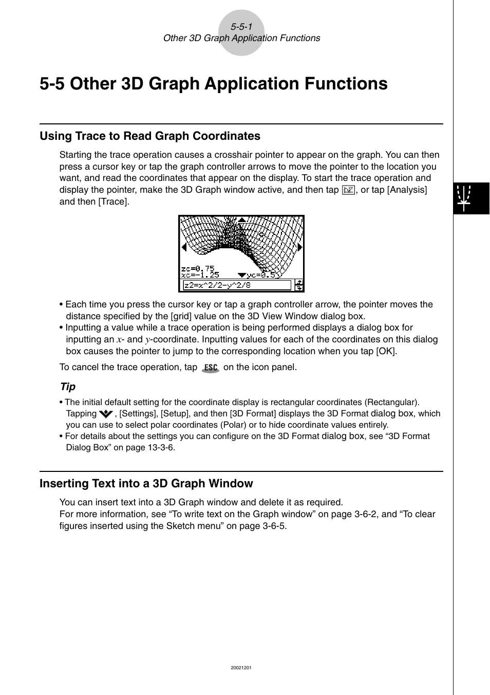 5 other 3d graph application functions, 5 other 3d graph application functions -5-1, Other 3d graph application functions | Using trace to read graph coordinates, Inserting text into a 3d graph window | Casio ClassPad 300 User Manual | Page 297 / 670