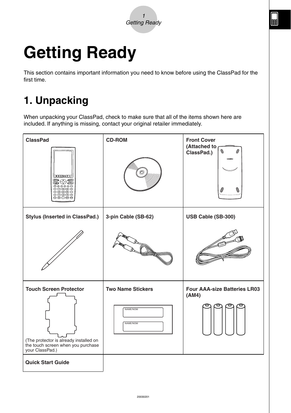 Getting ready, Unpacking, 1getting ready | Quick start guide | Casio ClassPad 300 User Manual | Page 3 / 670