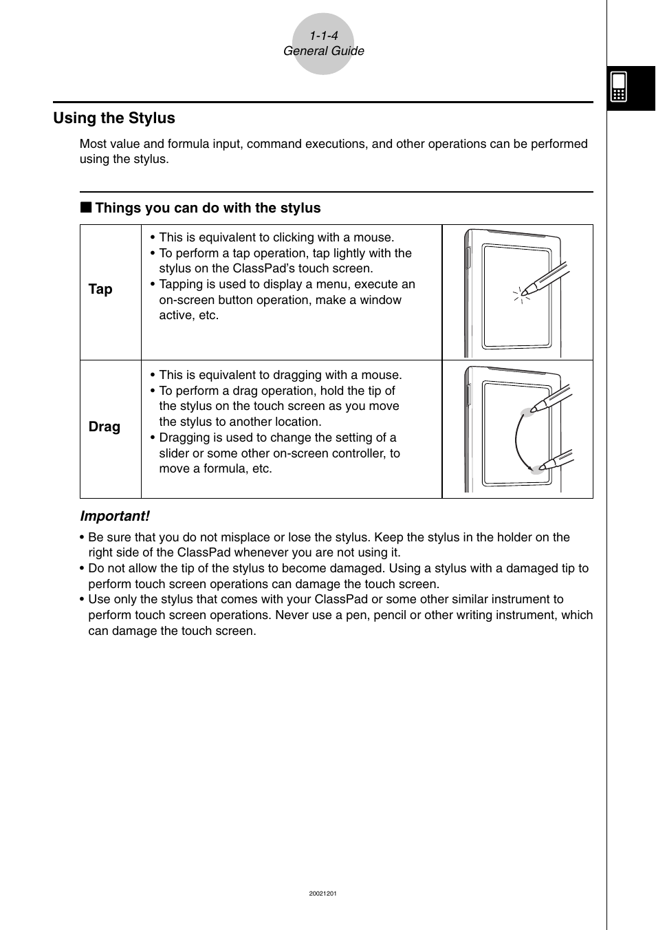 Using the stylus -1-4, Using the stylus | Casio ClassPad 300 User Manual | Page 30 / 670