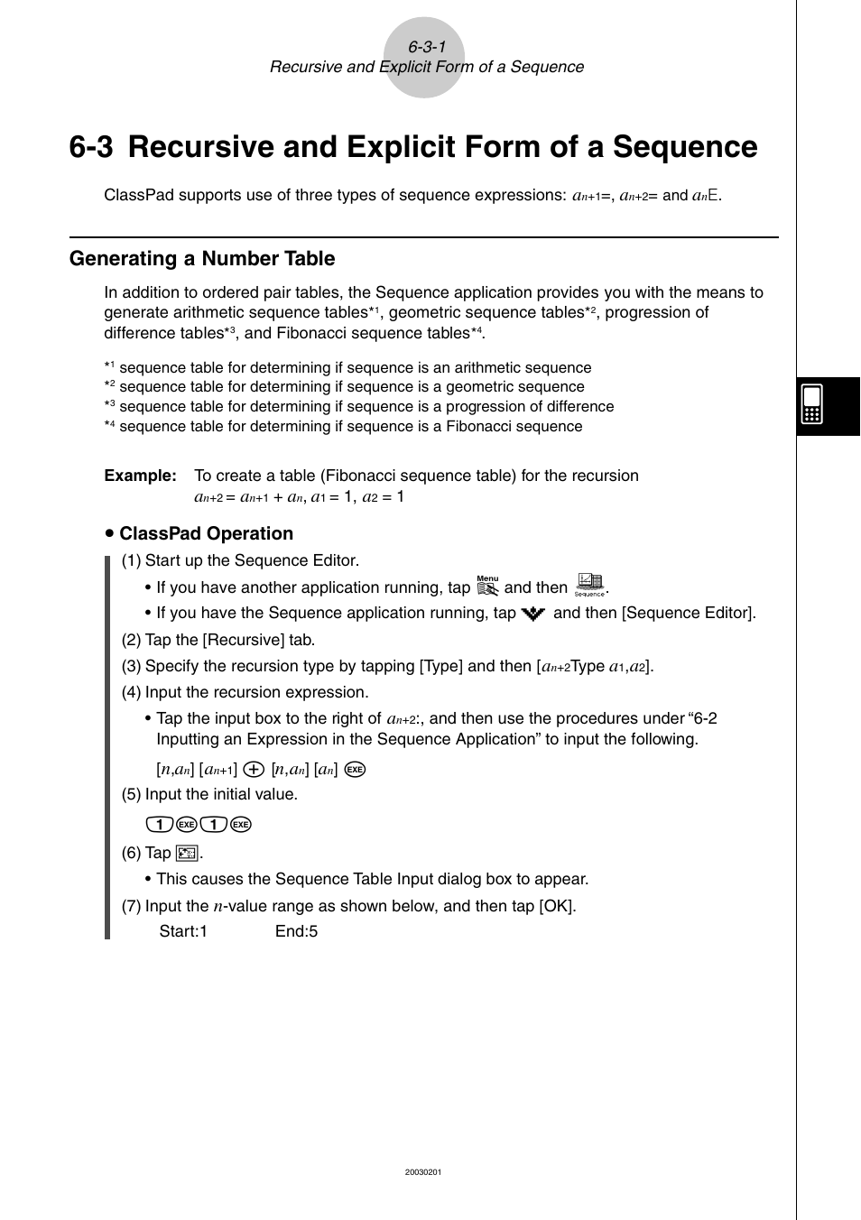 3 recursive and explicit form of a sequence, 3 recursive and explicit form of a sequence -3-1, Generating a number table -3-1 | Recursive and explicit form of a sequence, Generating a number table, U classpad operation | Casio ClassPad 300 User Manual | Page 307 / 670