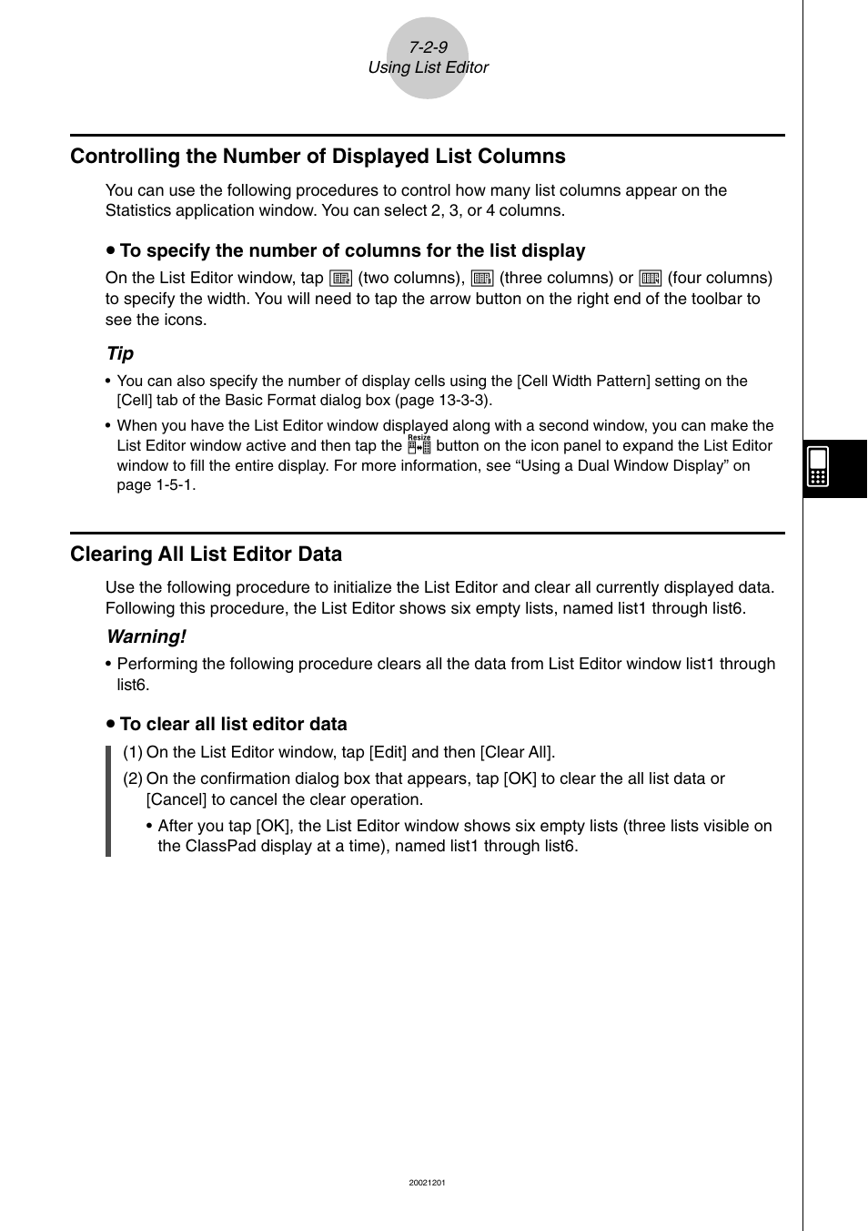 Controlling the number of displayed list columns, Clearing all list editor data | Casio ClassPad 300 User Manual | Page 327 / 670