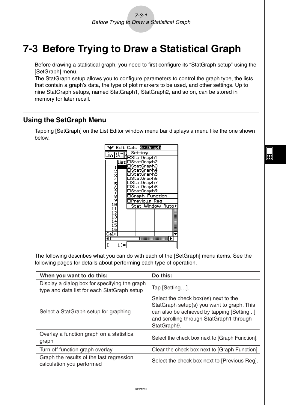 3 before trying to draw a statistical graph, 3 before trying to draw a statistical graph -3-1, Using the setgraph menu -3-1 | Before trying to draw a statistical graph | Casio ClassPad 300 User Manual | Page 328 / 670